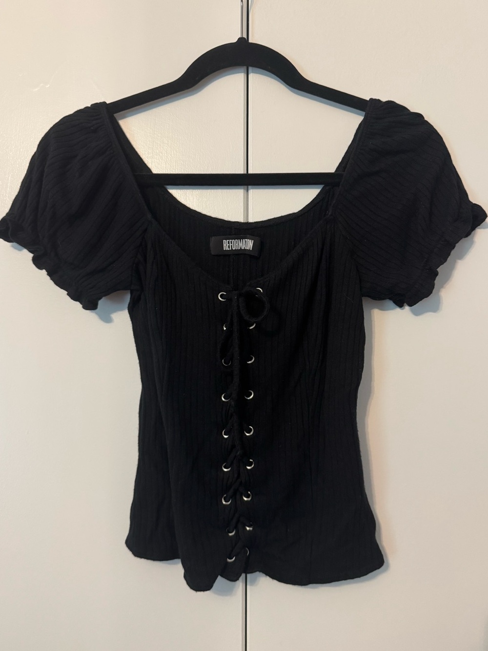 Reformation Black Ribbed Lace-Up Puff Sleeve Crop Top